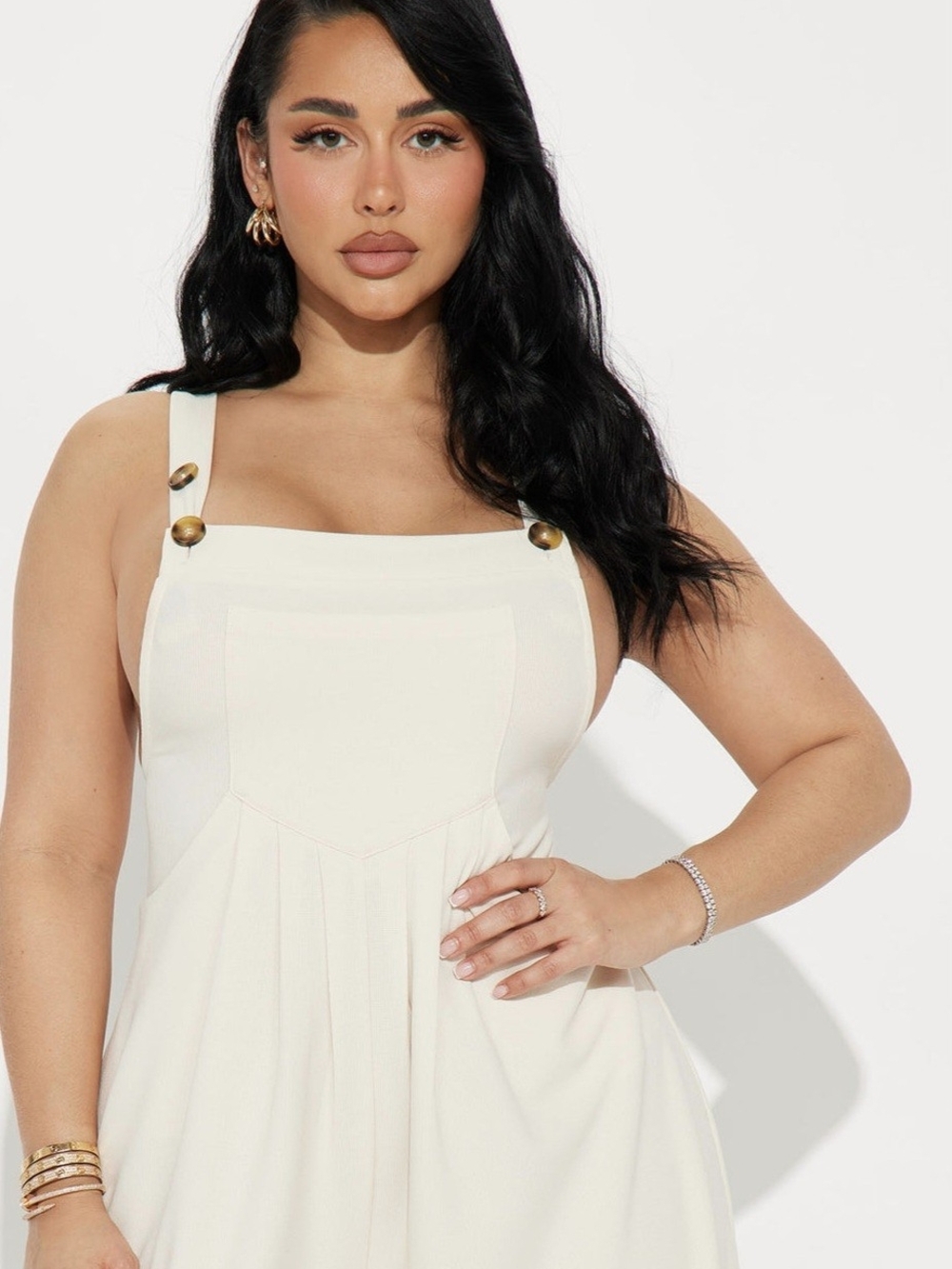 Fashion Nova Cream Strapless Pinafore Dress with Button-Strap Detail